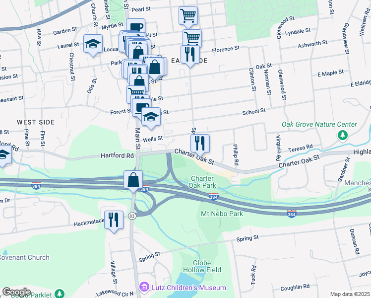 map of restaurants, bars, coffee shops, grocery stores, and more near 83 Charter Oak Street in Manchester