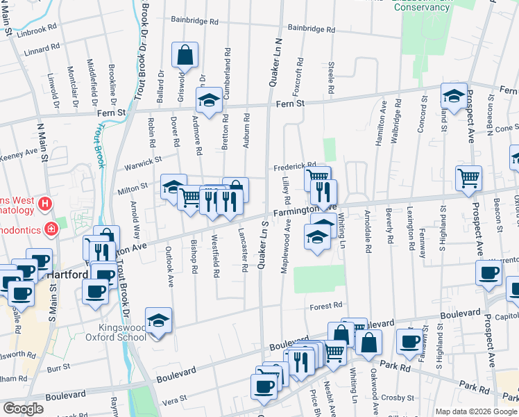 map of restaurants, bars, coffee shops, grocery stores, and more near in West Hartford