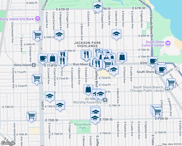 map of restaurants, bars, coffee shops, grocery stores, and more near 7130 S Cyril Ct in Chicago