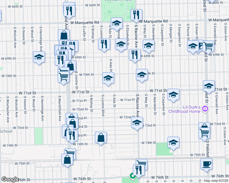 map of restaurants, bars, coffee shops, grocery stores, and more near W 71st St & S Ada St in Chicago