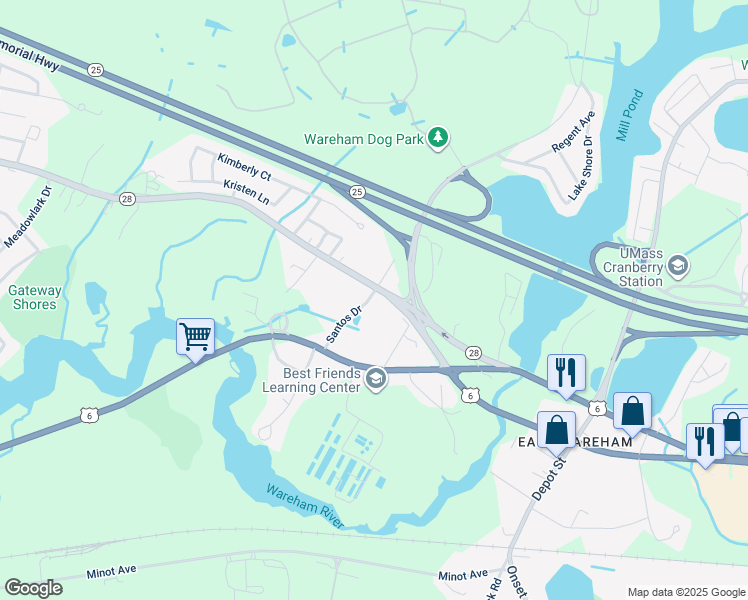 map of restaurants, bars, coffee shops, grocery stores, and more near 4 Santos Drive in Wareham