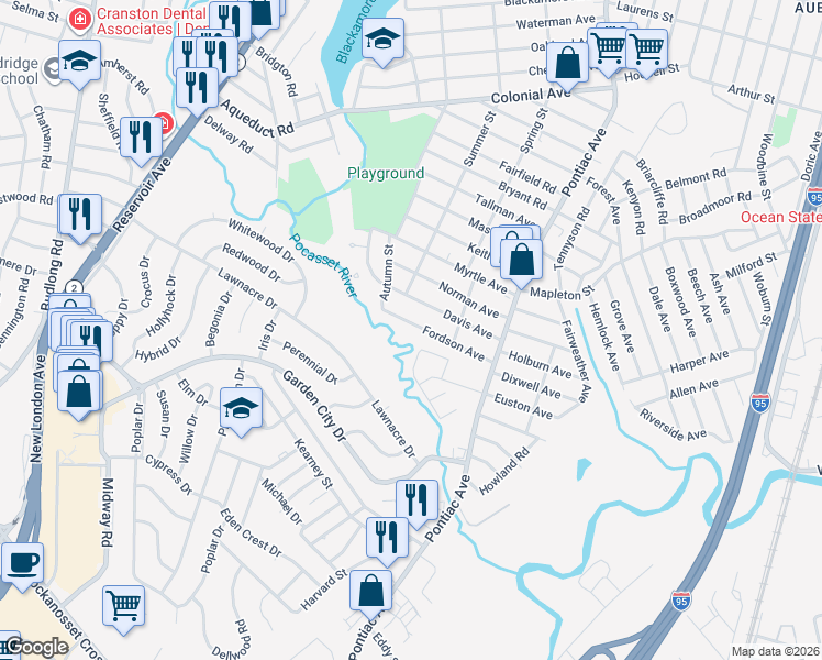 map of restaurants, bars, coffee shops, grocery stores, and more near 88 Fordson Avenue in Cranston