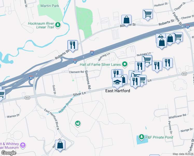 map of restaurants, bars, coffee shops, grocery stores, and more near 15 Gould Circle in East Hartford