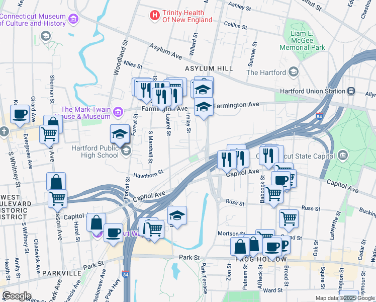 map of restaurants, bars, coffee shops, grocery stores, and more near 50 Hawthorn Street in Hartford