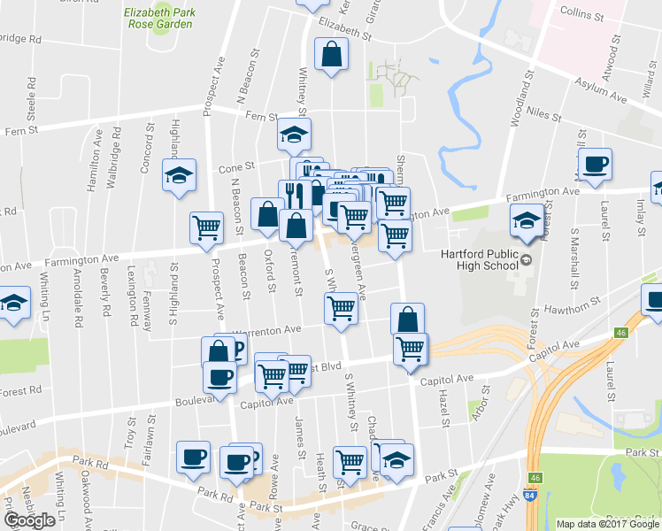 map of restaurants, bars, coffee shops, grocery stores, and more near 229 South Whitney Street in Hartford