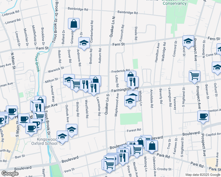 map of restaurants, bars, coffee shops, grocery stores, and more near in West Hartford