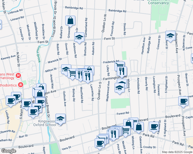 map of restaurants, bars, coffee shops, grocery stores, and more near in West Hartford