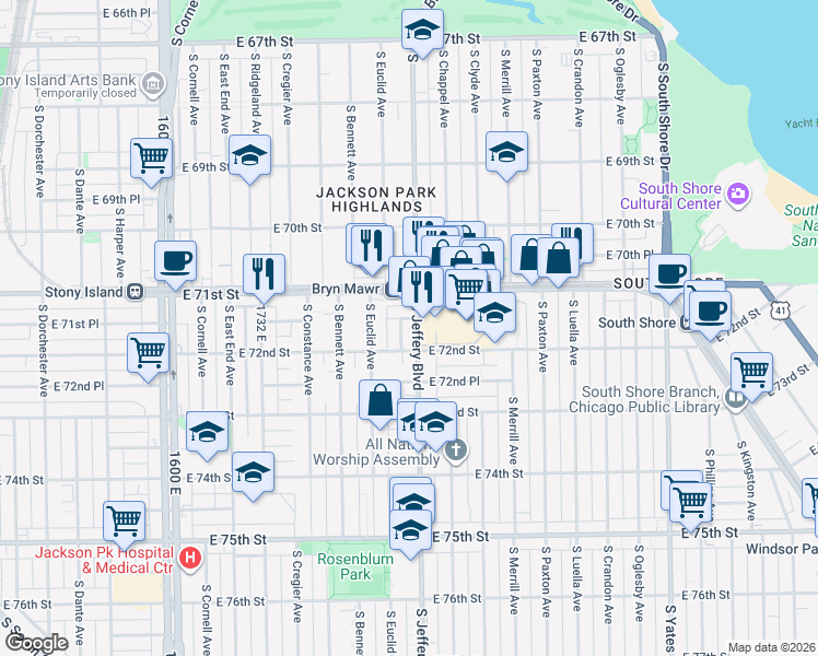 map of restaurants, bars, coffee shops, grocery stores, and more near 7200 South Jeffery Boulevard in Chicago