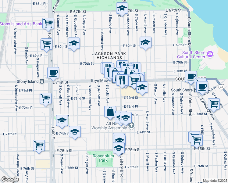 map of restaurants, bars, coffee shops, grocery stores, and more near 7153 South Euclid Avenue in Chicago