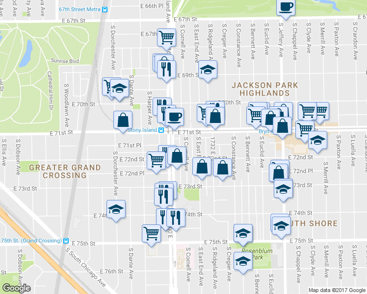 map of restaurants, bars, coffee shops, grocery stores, and more near 7152 South Cornell Avenue in Chicago