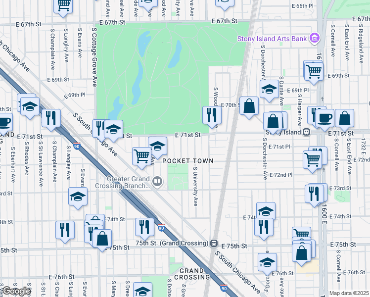 map of restaurants, bars, coffee shops, grocery stores, and more near 7146 South Greenwood Avenue in Chicago