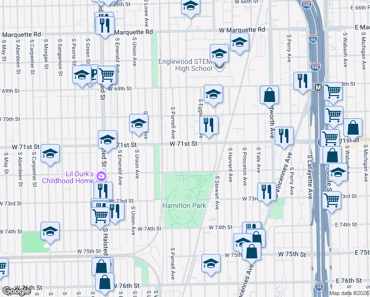 map of restaurants, bars, coffee shops, grocery stores, and more near 7122 South Normal Boulevard in Chicago