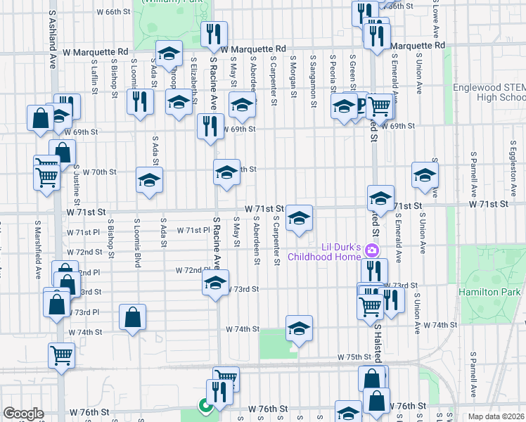 map of restaurants, bars, coffee shops, grocery stores, and more near 7118 South Carpenter Street in Chicago