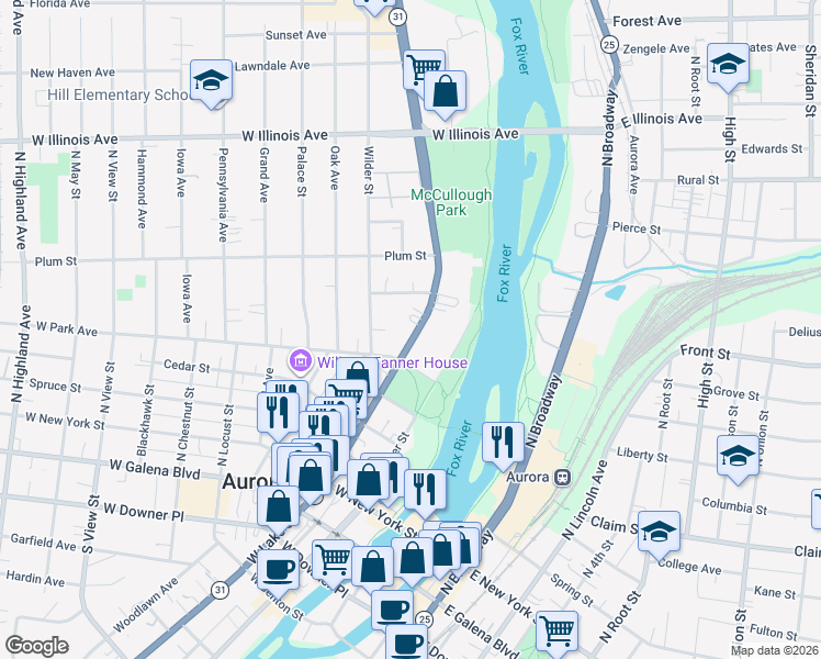 map of restaurants, bars, coffee shops, grocery stores, and more near 412 North Lake Street in Aurora