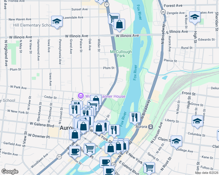 map of restaurants, bars, coffee shops, grocery stores, and more near 426 North Lake Street in Aurora