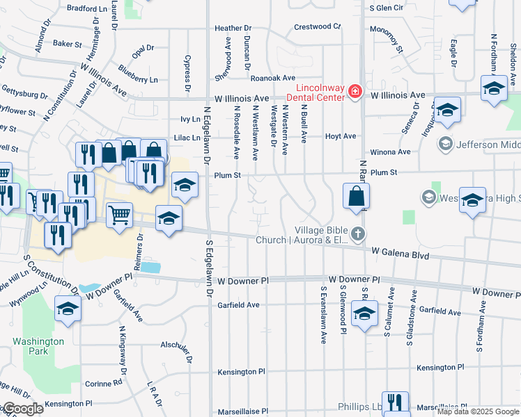 map of restaurants, bars, coffee shops, grocery stores, and more near 1633 Tallwood Place in Aurora