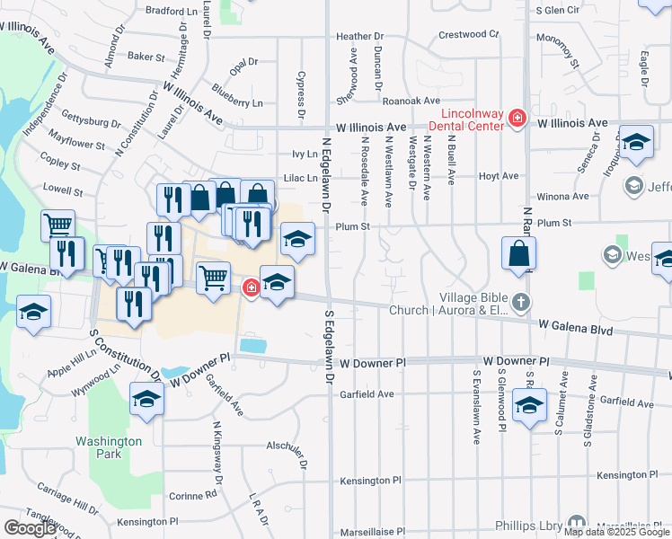map of restaurants, bars, coffee shops, grocery stores, and more near 11 North Edgelawn Drive in Aurora