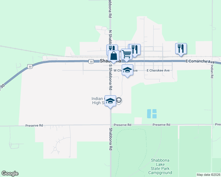map of restaurants, bars, coffee shops, grocery stores, and more near 405 South Shabbona Road in Shabbona