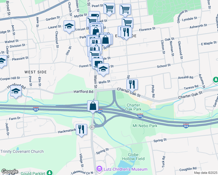 map of restaurants, bars, coffee shops, grocery stores, and more near 41 Charter Oak Street in Manchester