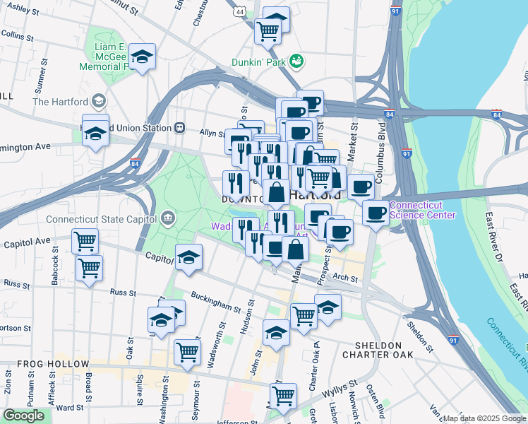 map of restaurants, bars, coffee shops, grocery stores, and more near 5 Jewell Street in Hartford