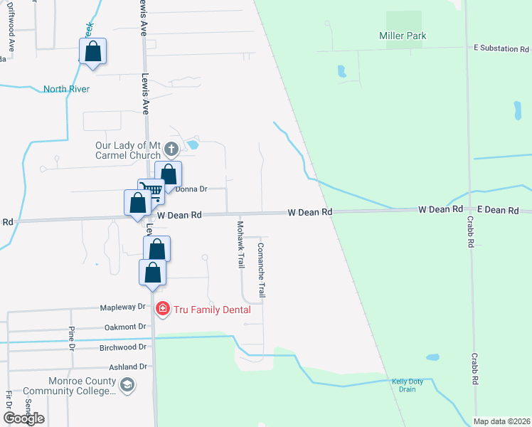 map of restaurants, bars, coffee shops, grocery stores, and more near 633 West Dean Road in Temperance