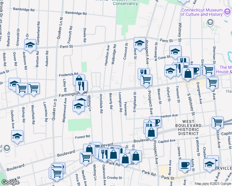 map of restaurants, bars, coffee shops, grocery stores, and more near 711 Farmington Avenue in West Hartford
