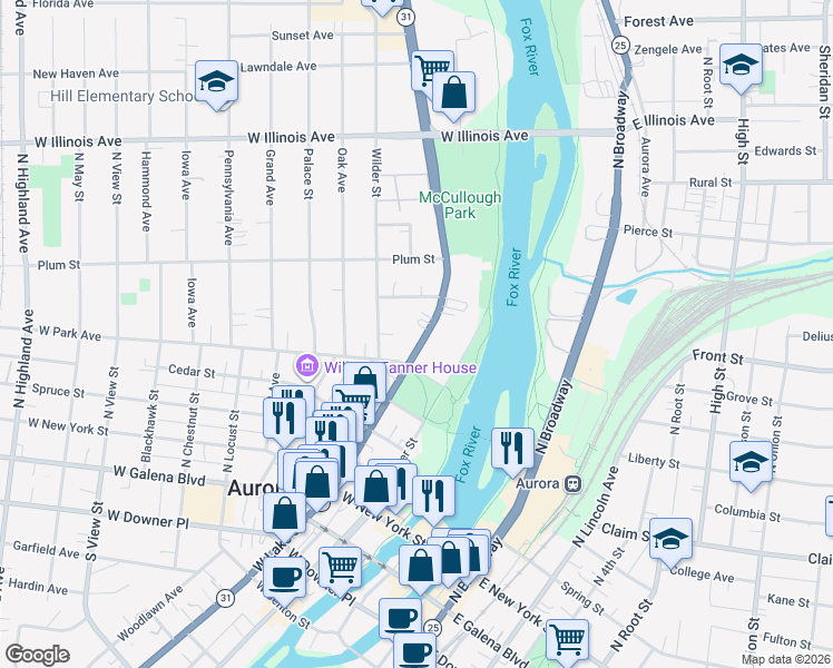 map of restaurants, bars, coffee shops, grocery stores, and more near 426 North Lake Street in Aurora