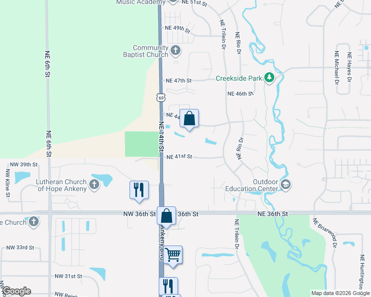 map of restaurants, bars, coffee shops, grocery stores, and more near 150 Northeast 41st Street in Ankeny