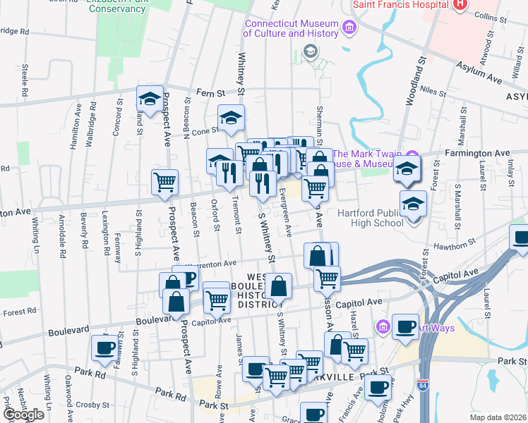 map of restaurants, bars, coffee shops, grocery stores, and more near 229 South Whitney Street in Hartford