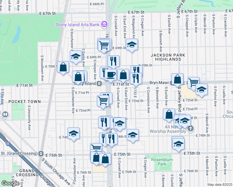 map of restaurants, bars, coffee shops, grocery stores, and more near 7152 South Cornell Avenue in Chicago
