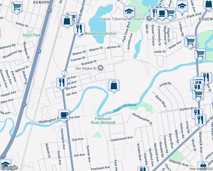 map of restaurants, bars, coffee shops, grocery stores, and more near 6 Youlden Avenue in Cranston