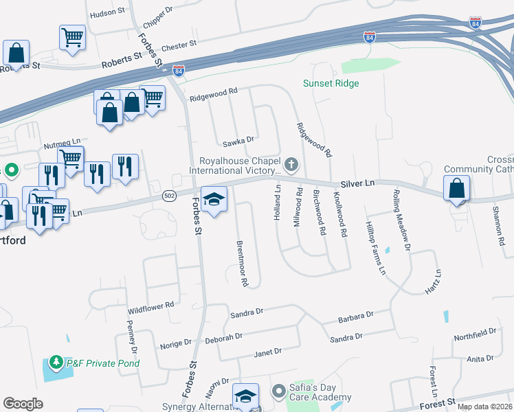 map of restaurants, bars, coffee shops, grocery stores, and more near 262 Brentmoor Road in East Hartford