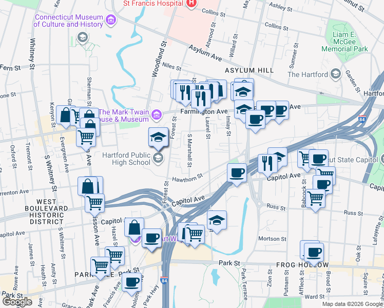 map of restaurants, bars, coffee shops, grocery stores, and more near 141 South Marshall Street in Hartford