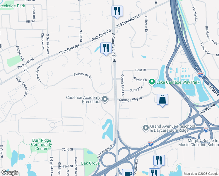 map of restaurants, bars, coffee shops, grocery stores, and more near 6980 South County Line Road in Burr Ridge