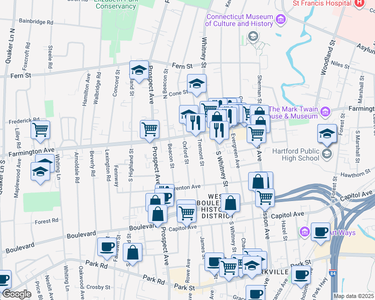 map of restaurants, bars, coffee shops, grocery stores, and more near 80 Oxford Street in Hartford