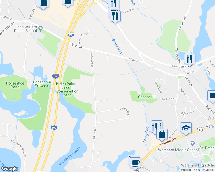 map of restaurants, bars, coffee shops, grocery stores, and more near 6 Brittany Drive in Wareham