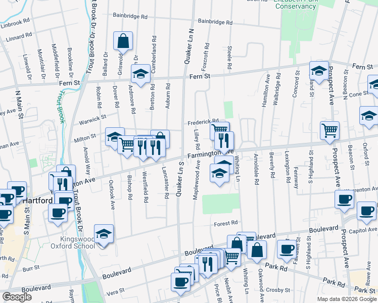 map of restaurants, bars, coffee shops, grocery stores, and more near in West Hartford