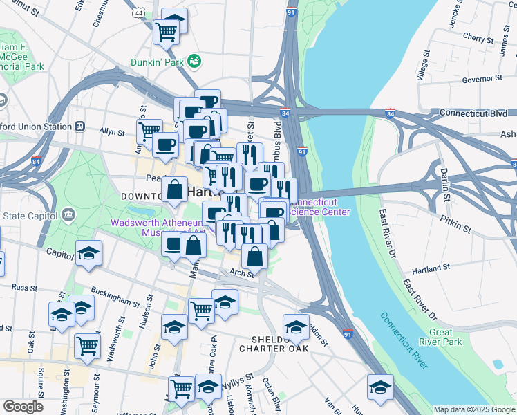 map of restaurants, bars, coffee shops, grocery stores, and more near 2 Bob Steele Street in Hartford