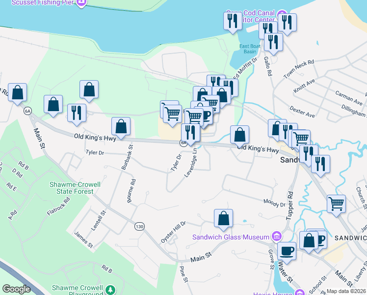 map of restaurants, bars, coffee shops, grocery stores, and more near 62 Route 6A in Sandwich