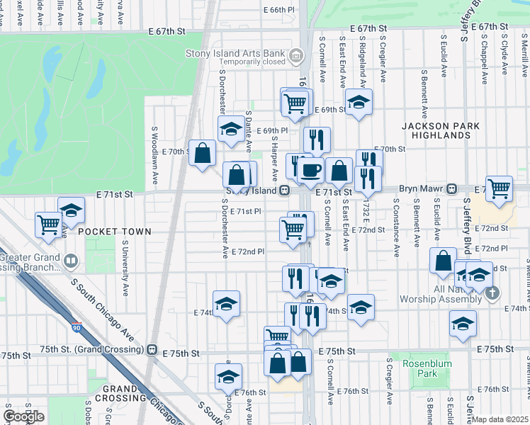 map of restaurants, bars, coffee shops, grocery stores, and more near 1510 East 72nd Street in Chicago
