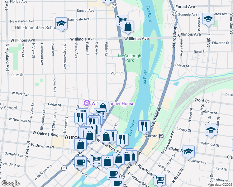 map of restaurants, bars, coffee shops, grocery stores, and more near 426 North Lake Street in Aurora