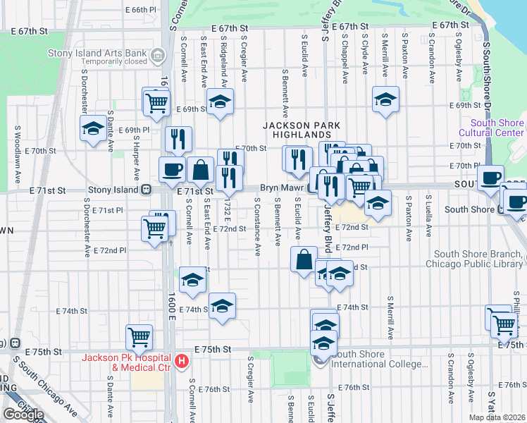 map of restaurants, bars, coffee shops, grocery stores, and more near 7151 South Constance Avenue in Chicago
