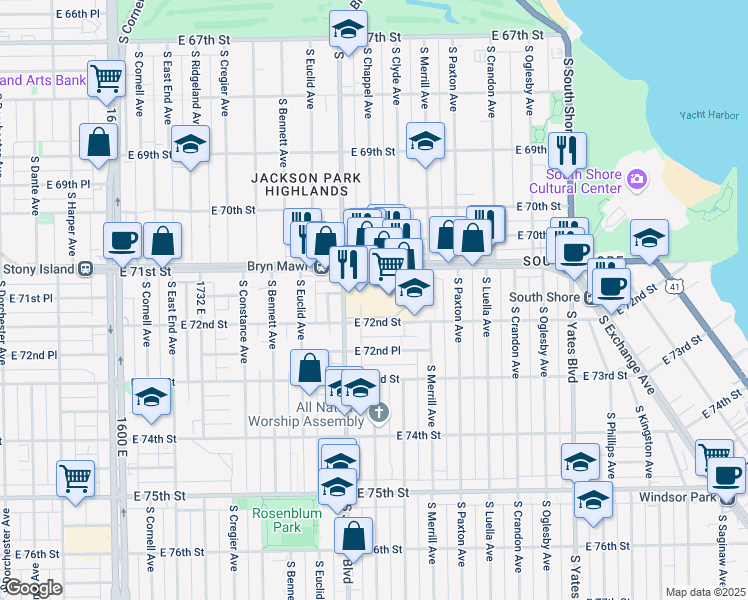 map of restaurants, bars, coffee shops, grocery stores, and more near 2041 East 72nd Street in Chicago