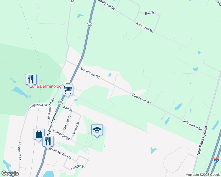 map of restaurants, bars, coffee shops, grocery stores, and more near 50 Shivertown Road in New Paltz