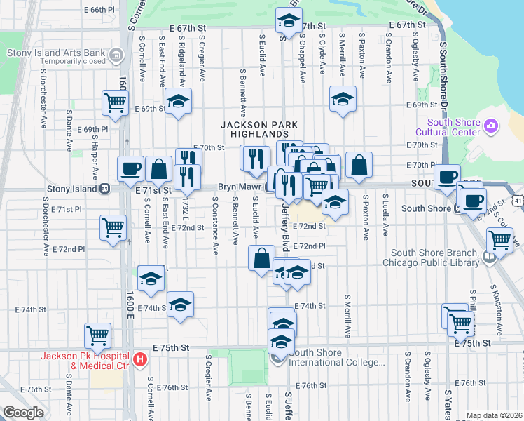 map of restaurants, bars, coffee shops, grocery stores, and more near 7153 South Euclid Avenue in Chicago