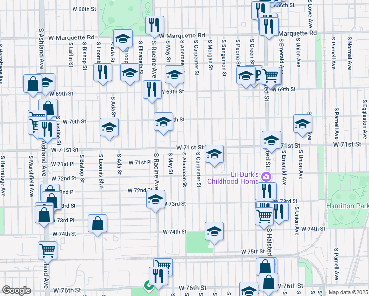 map of restaurants, bars, coffee shops, grocery stores, and more near West 71st Street & South Aberdeen Street in Chicago