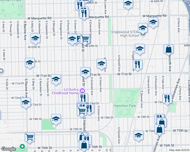 map of restaurants, bars, coffee shops, grocery stores, and more near 723 West 71st Street in Chicago