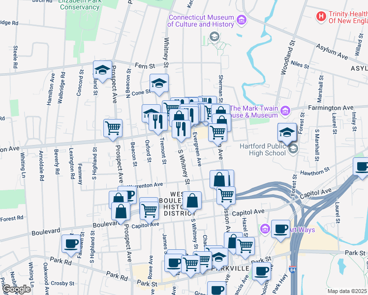 map of restaurants, bars, coffee shops, grocery stores, and more near 242 South Whitney Street in Hartford