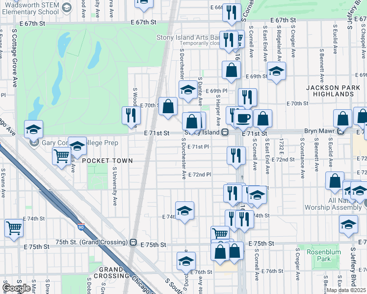 map of restaurants, bars, coffee shops, grocery stores, and more near 7100 South Dorchester Avenue in Chicago
