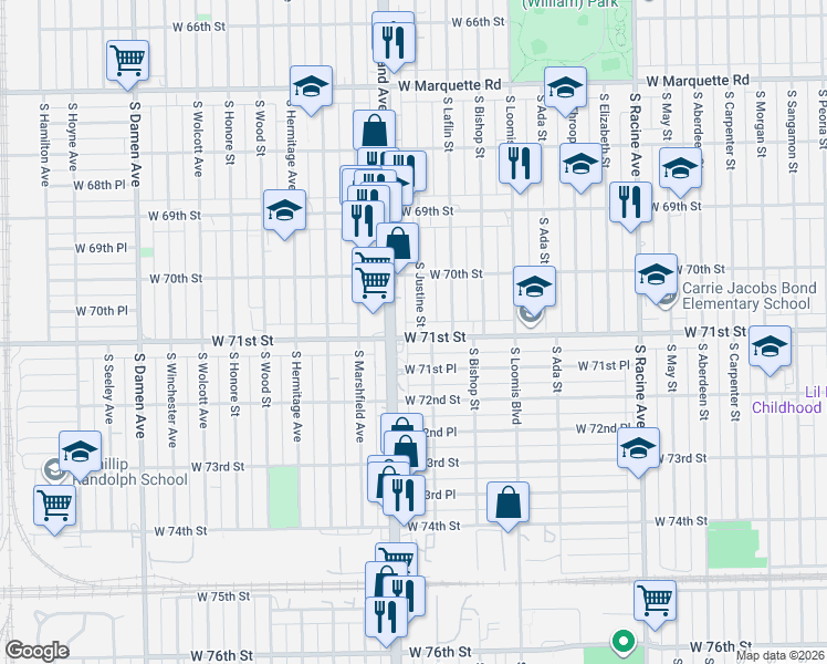 map of restaurants, bars, coffee shops, grocery stores, and more near 1543 West 71st Street in Chicago